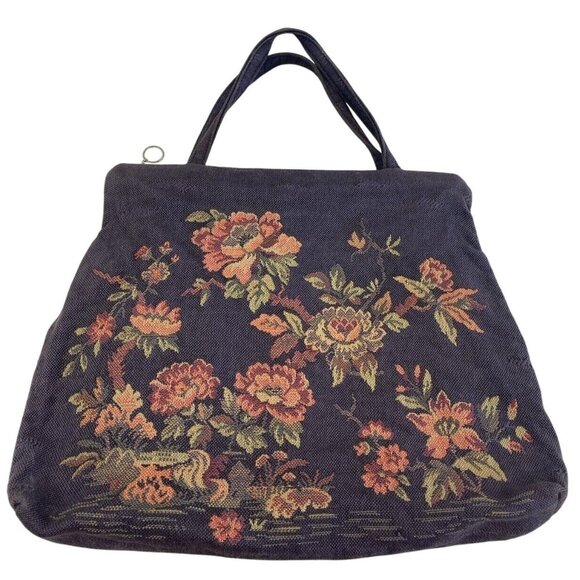 Vintage 50s Tapestry Handbag Floral Design Blue Pink Grannycore Style - Picture 6 of 14